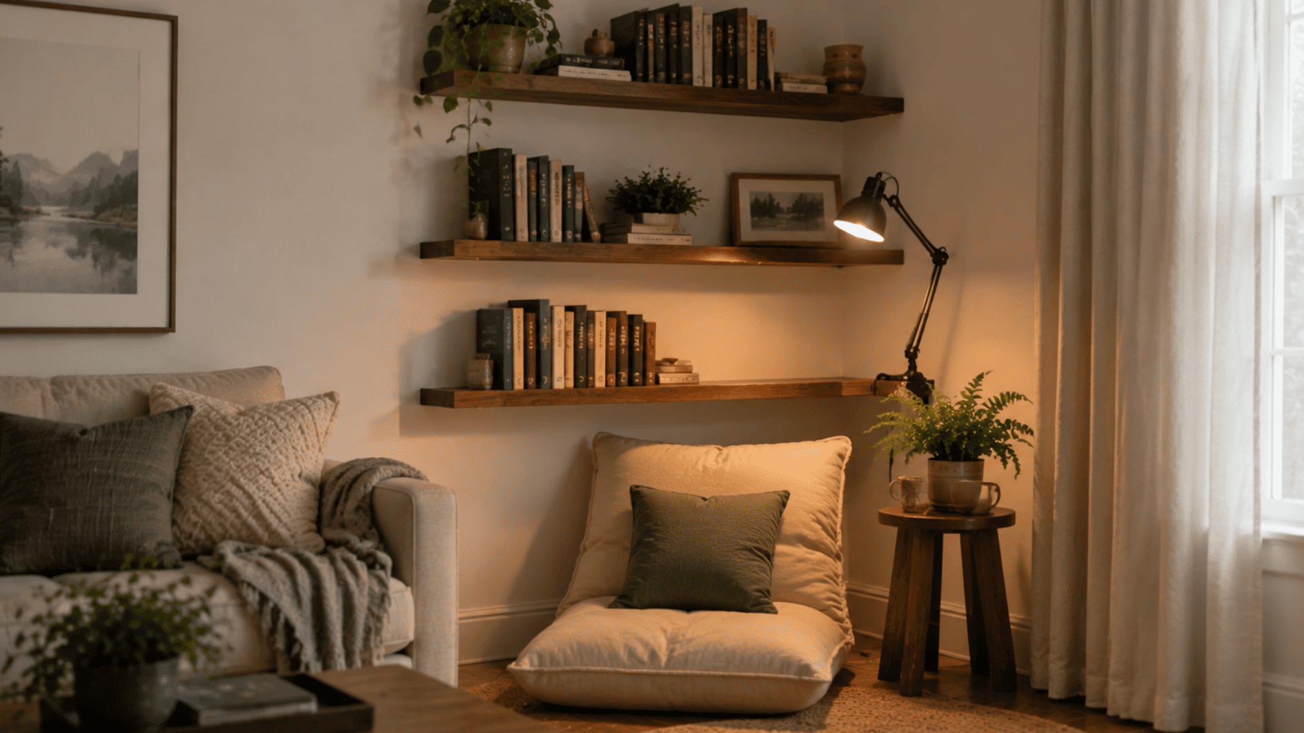 floating shelf reading corner with wall shelves, books, reading chair, lamp, and small plant in apartment space