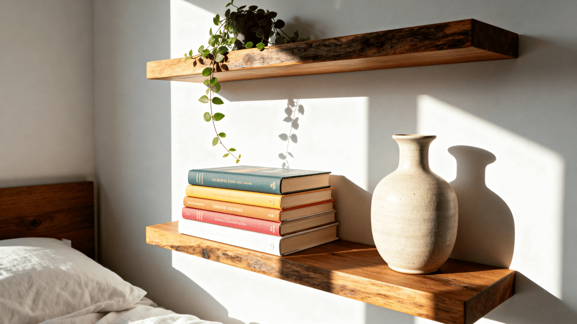 floating wood shelves styled with plants and books on a white bedroom wall
