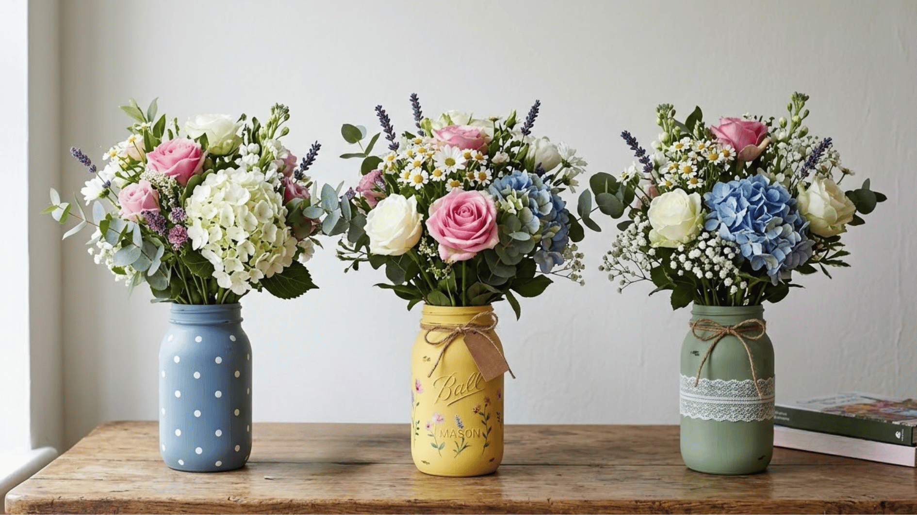 row of painted mason jars on a sunny windowsill holding fresh flower stems