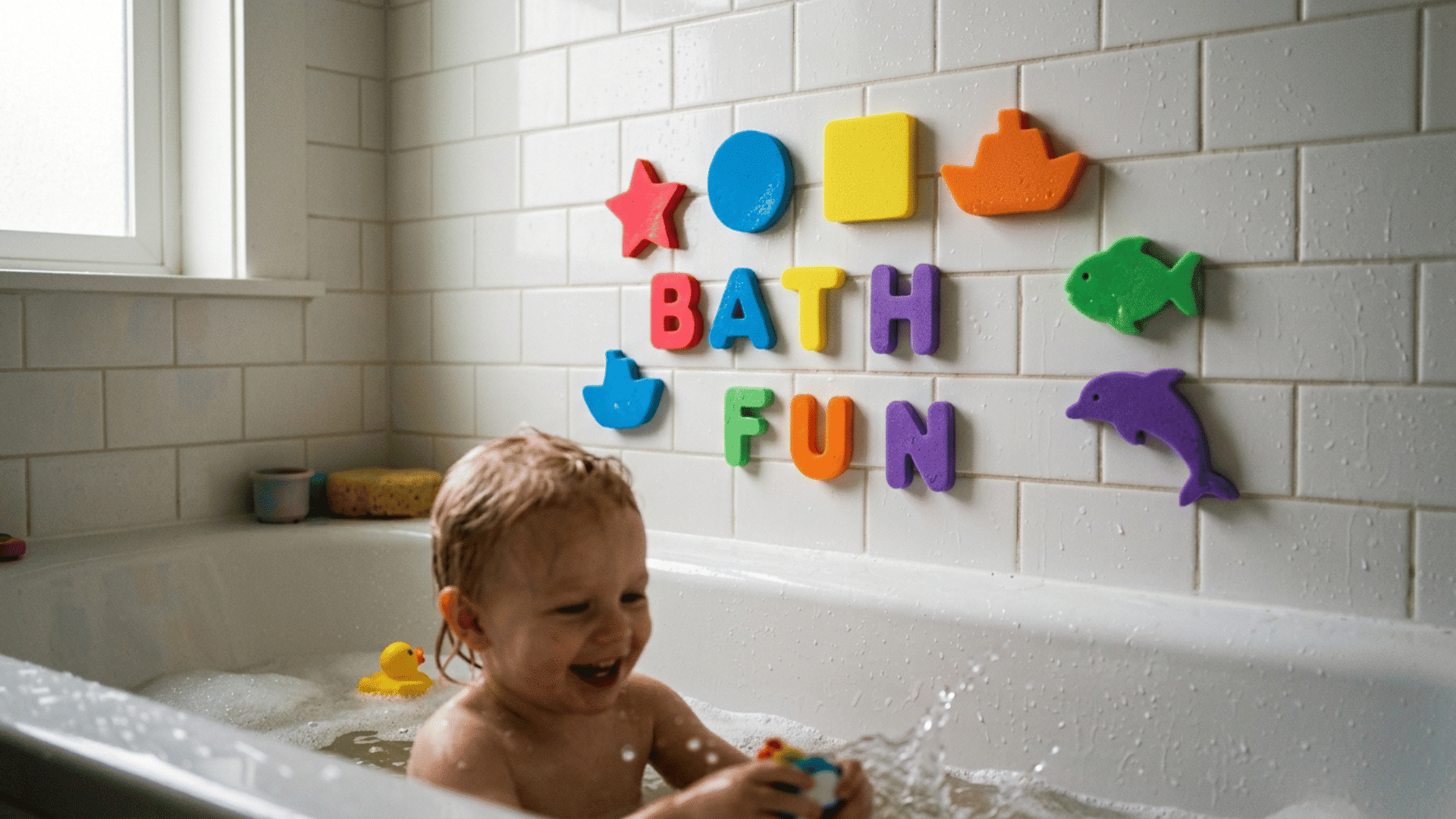 smiling toddler playing in a bathtub with colourful foam letters and shapes attached to wet tiles