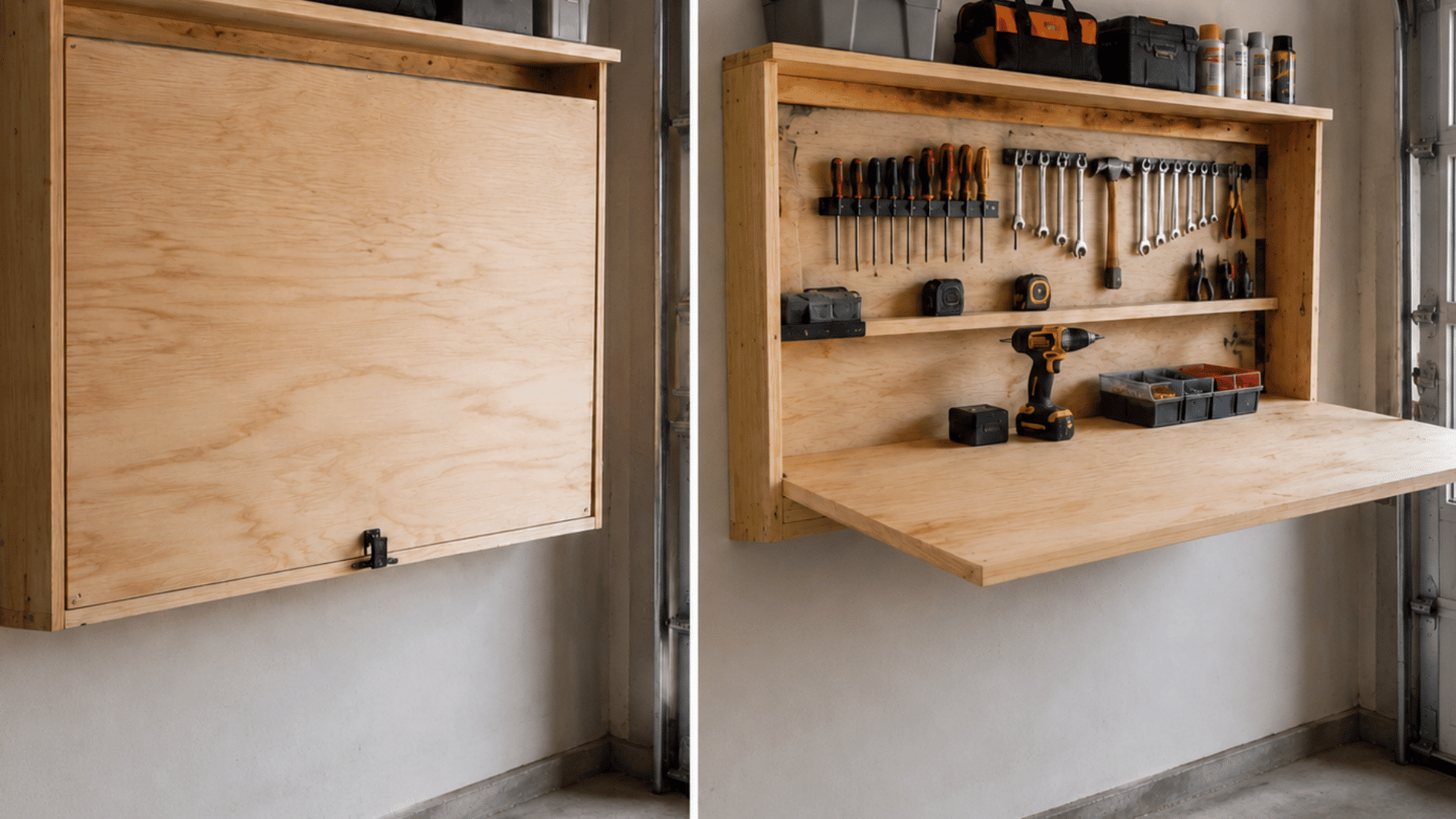 fold down garage shelving station with tools and storage items on a wall mounted workbench