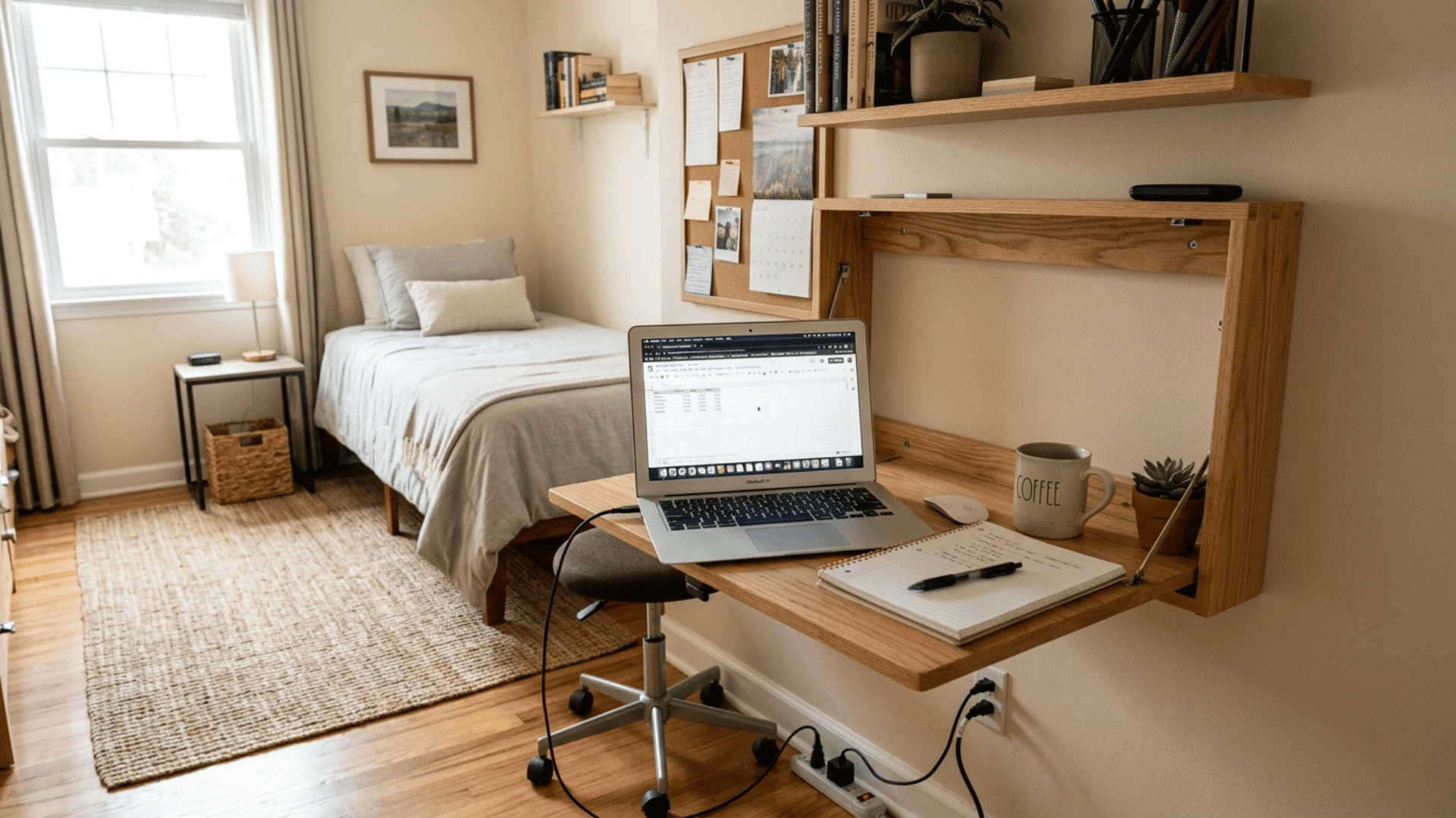 fold-down wall desk open in a small guest bedroom that doubles as a home office space