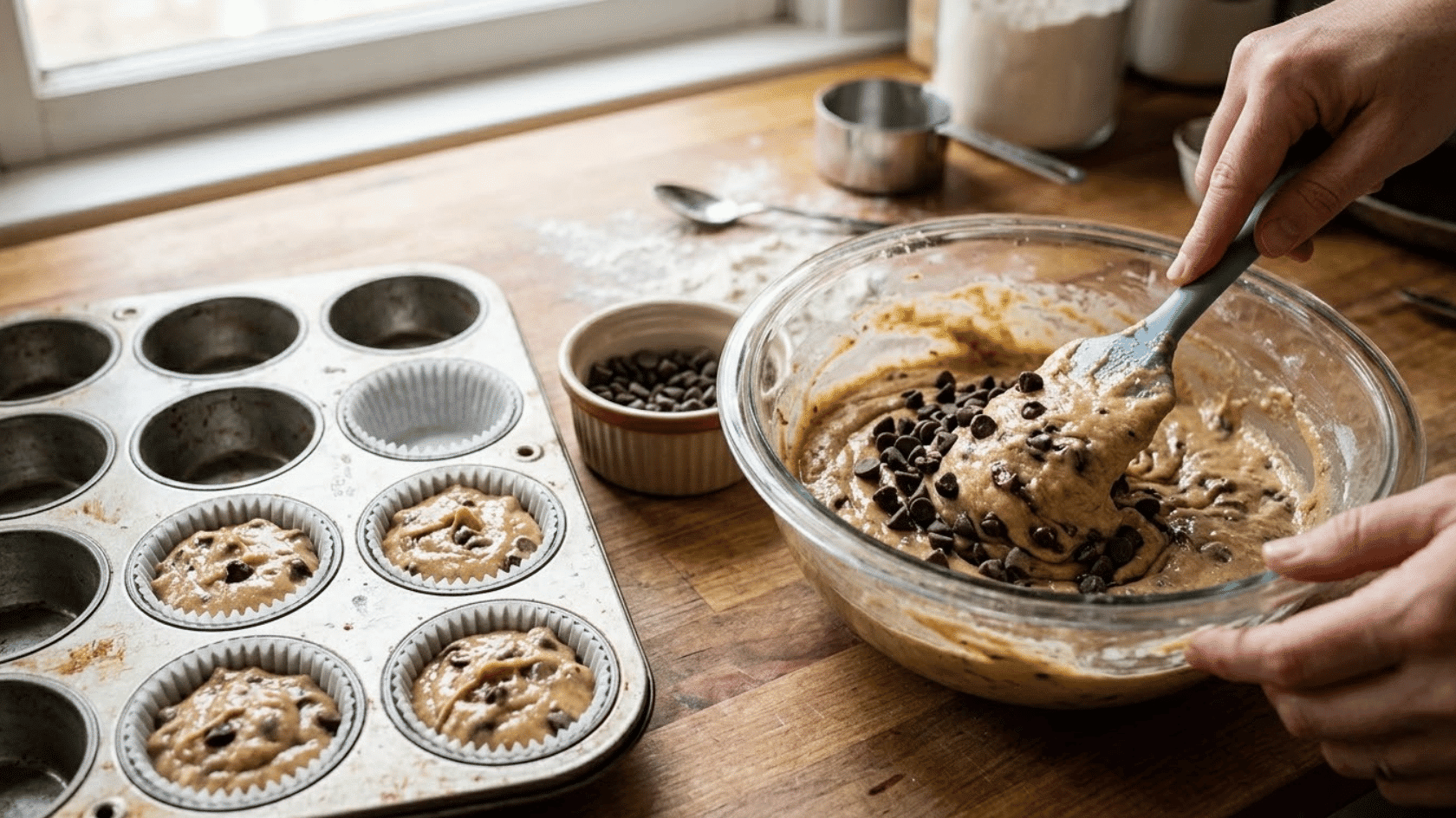 folding chocolate chips into banana muffin batter beside a lined muffin tin