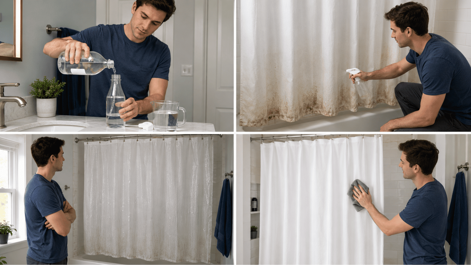 four-panel collage showing a man mixing vinegar spray, treating stains, drying, and wiping a shower curtain