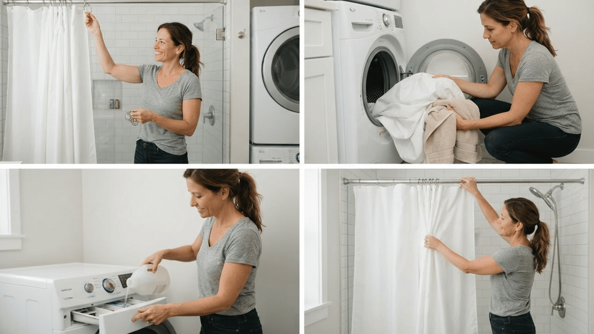 four-panel collage showing a woman removing, machine-washing, and rehanging a white shower curtain