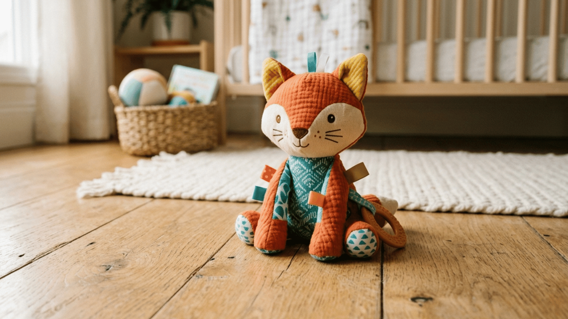 soft orange fox crinkle toy with colourful sensory tags sitting on a wooden nursery floor