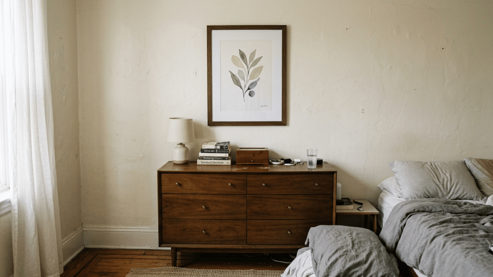 framed print hung at eye level above a dresser in a small guest bedroom
