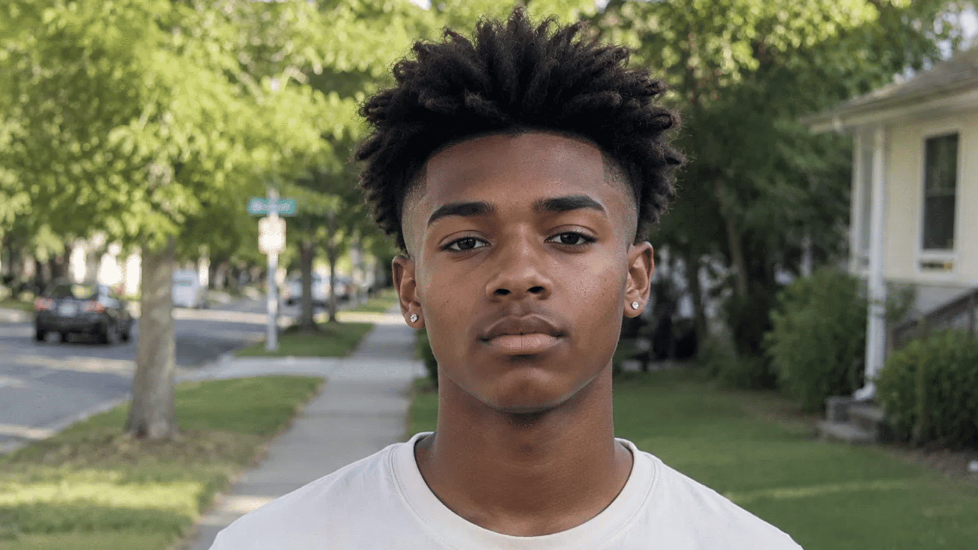 front-facing shot of a boy with an undercut, voluminous curly top and short sides on a tree-lined street