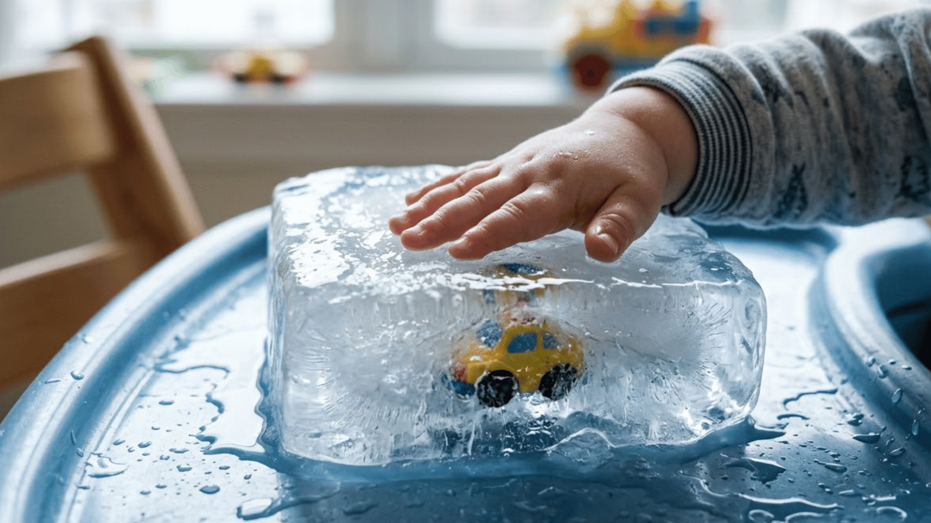 toddler hand pats a melting ice block with a small toy frozen inside it
