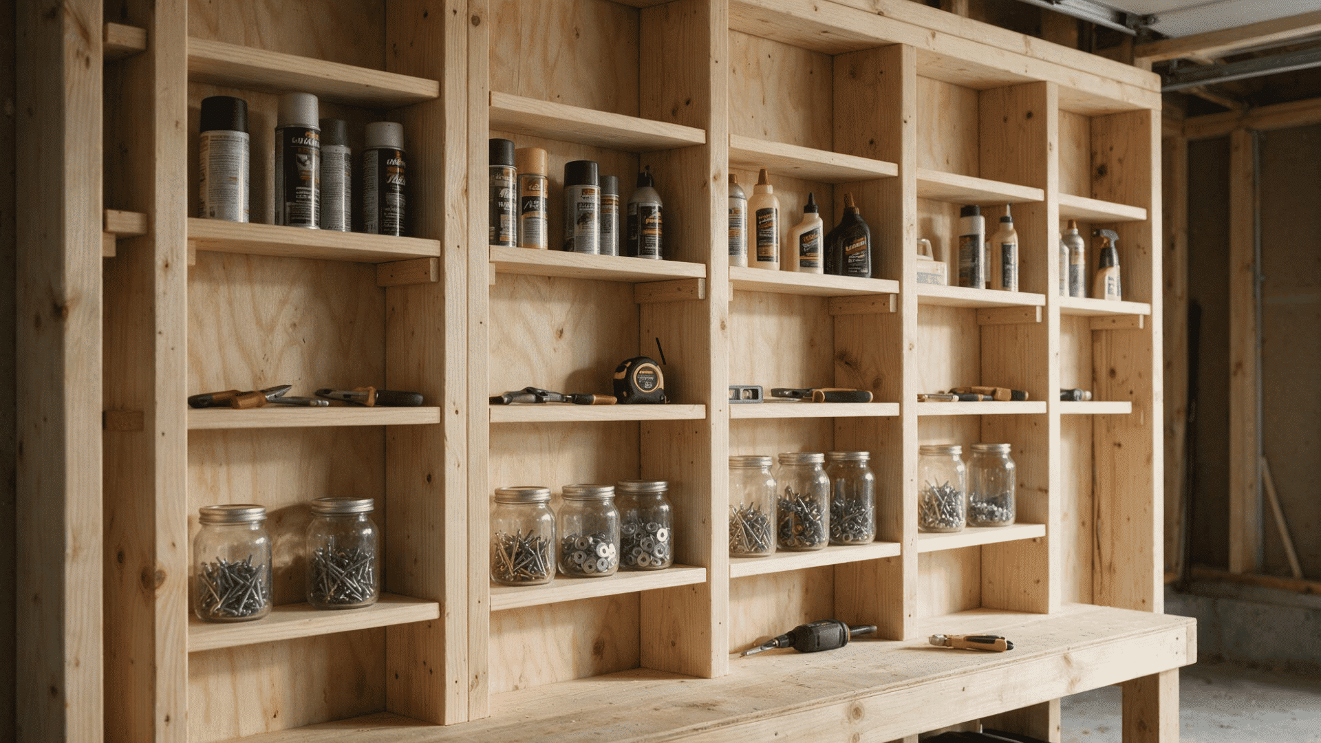 garage wall shelves between exposed studs holding spray cans small tools and jars of hardware neatly