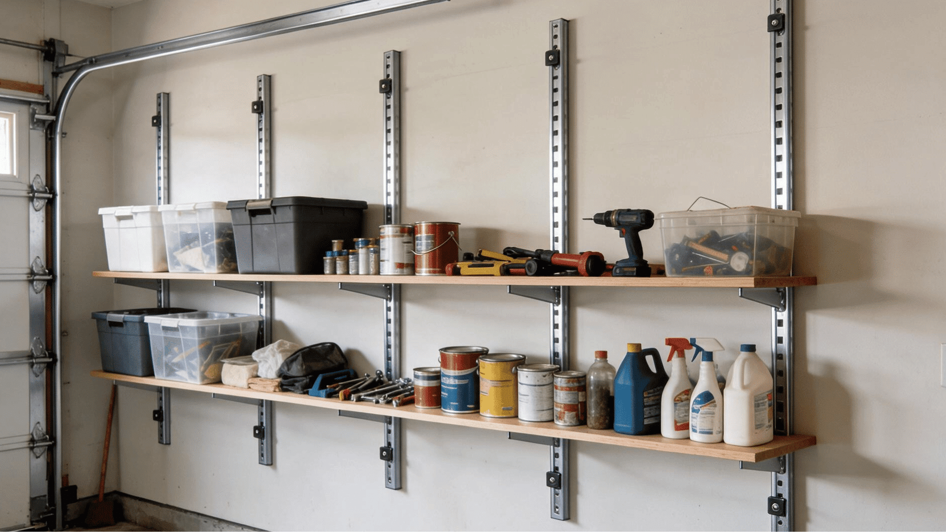 garage wall shelves with storage bins tools paint cans and cleaning supplies organized on metal brackets