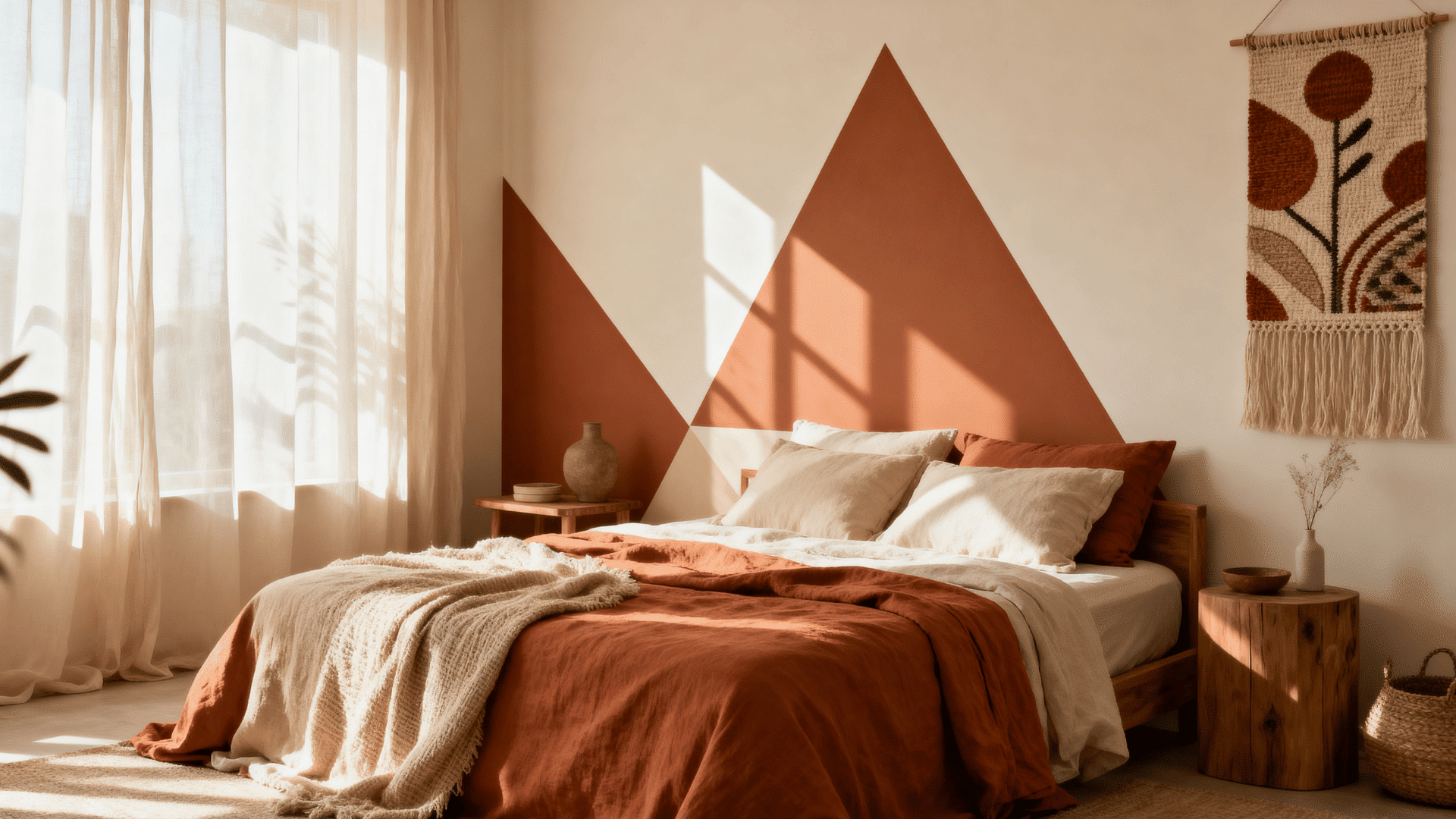 geometric triangle accent wall in terracotta and cream tones in a styled bedroom