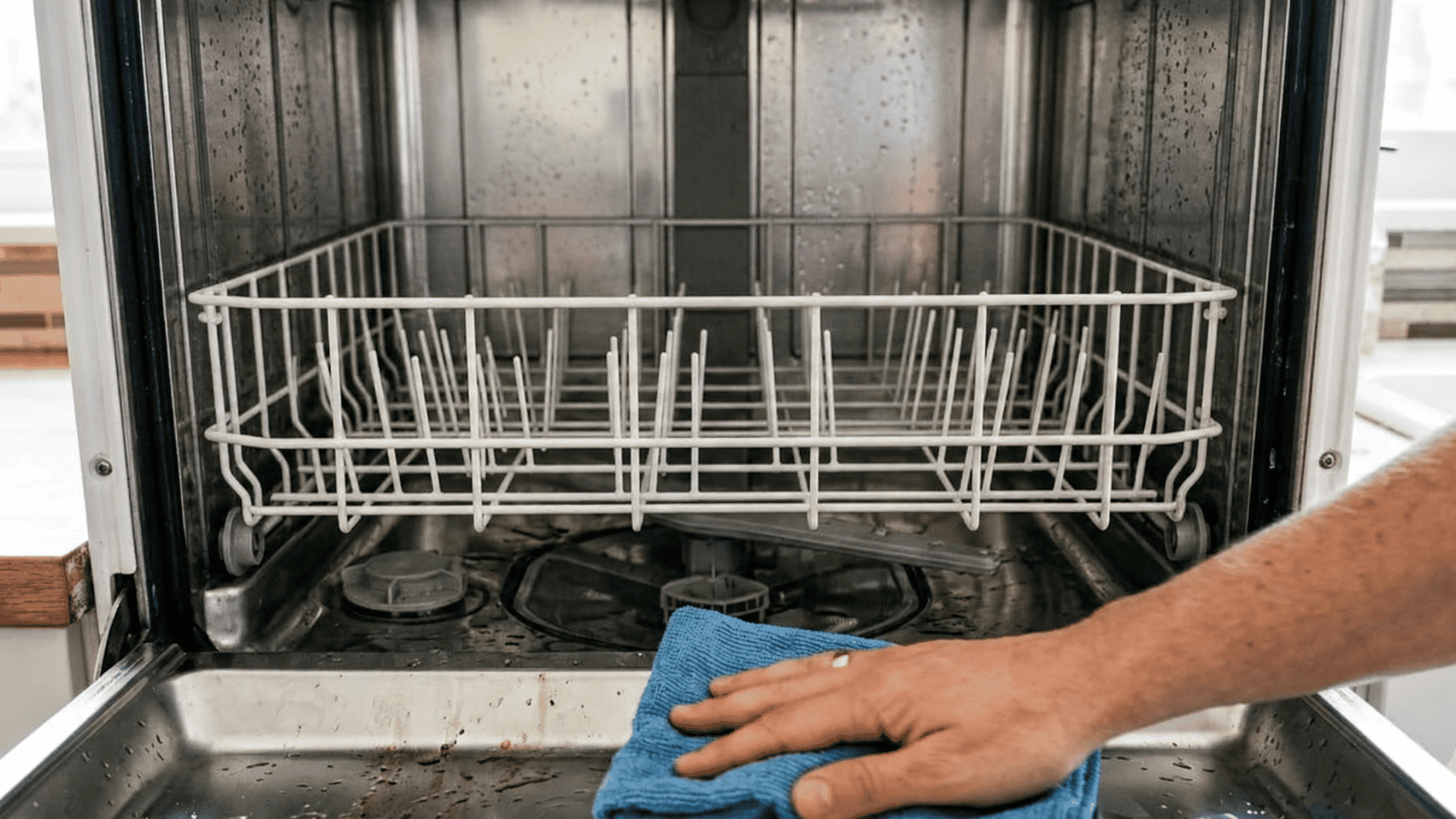 glass bowl of white vinegar placed on the top rack of an empty dishwasher