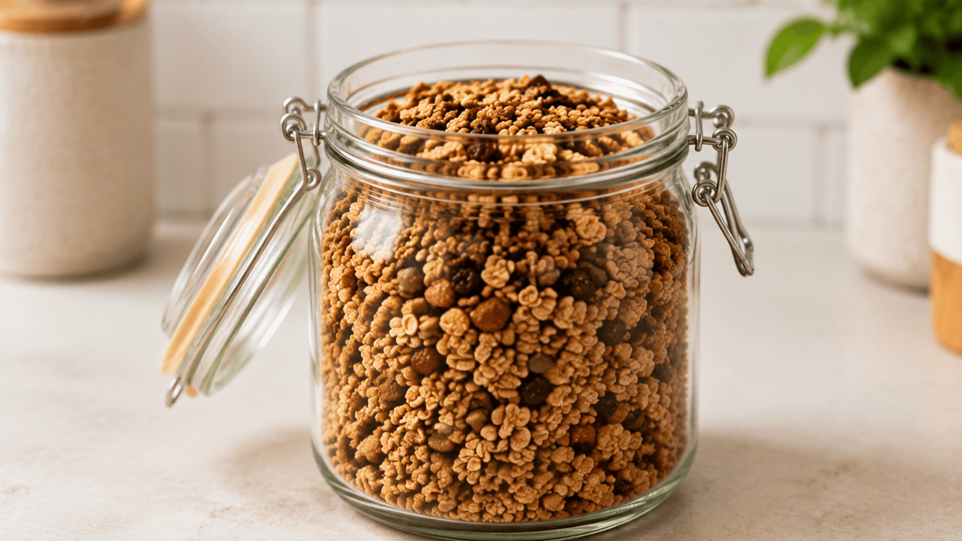 glass jar filled with homemade granola clusters on a wooden countertop in a bright kitchen with soft natural light