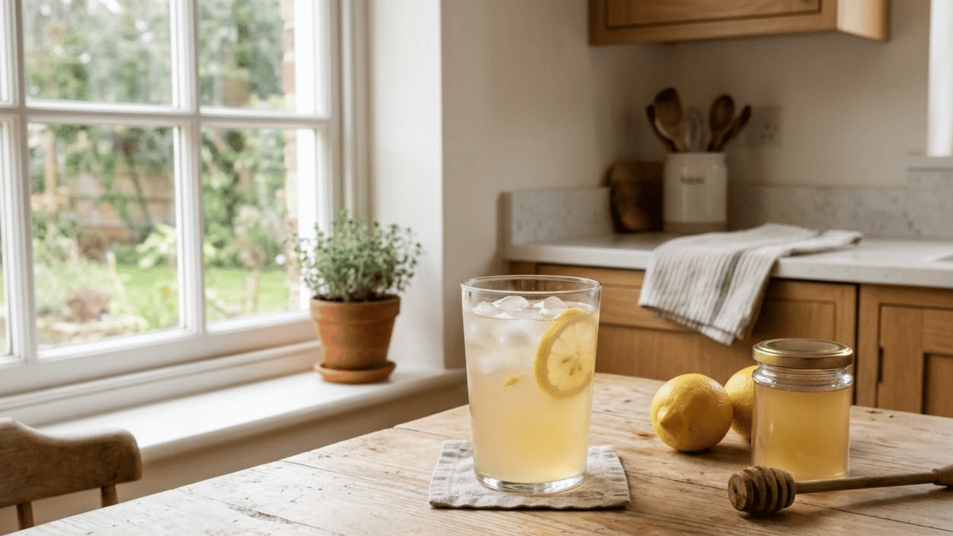 glass of honey lemonade with ice and a lemon slice beside a honey jar in a warm homely kitchen