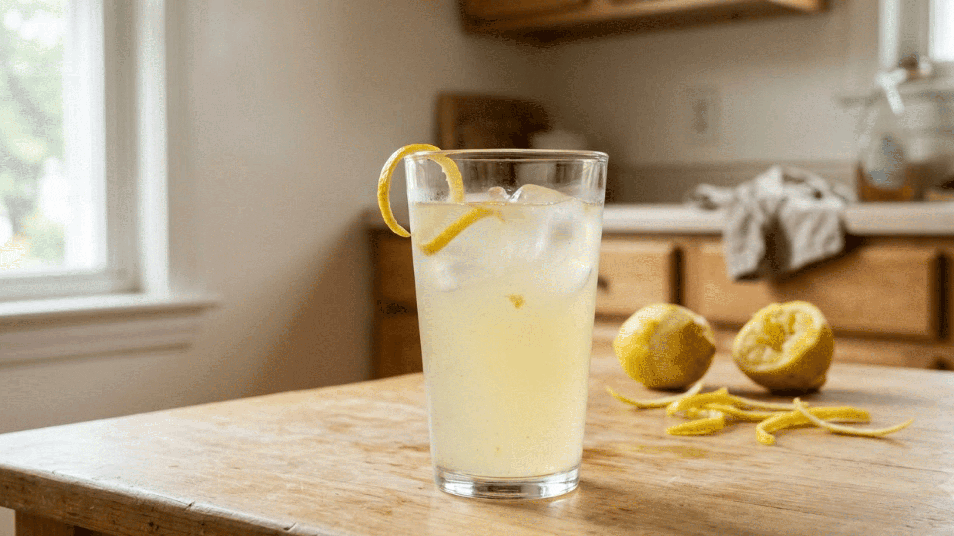 glass of lemon peel lemonade with ice and curled yellow peel on a table in a bright homely kitchen