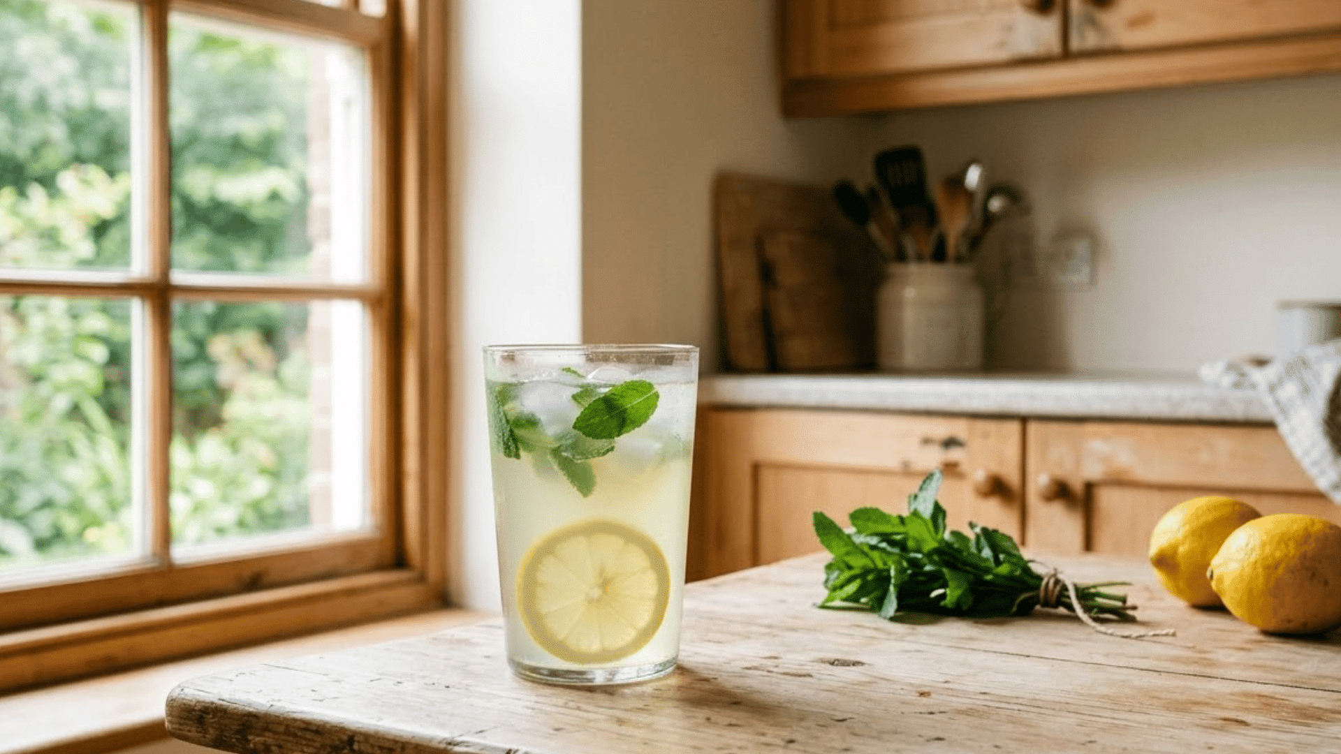 glass of mint lemonade with ice lemon slices and green mint leaves on a table in a homely kitchen