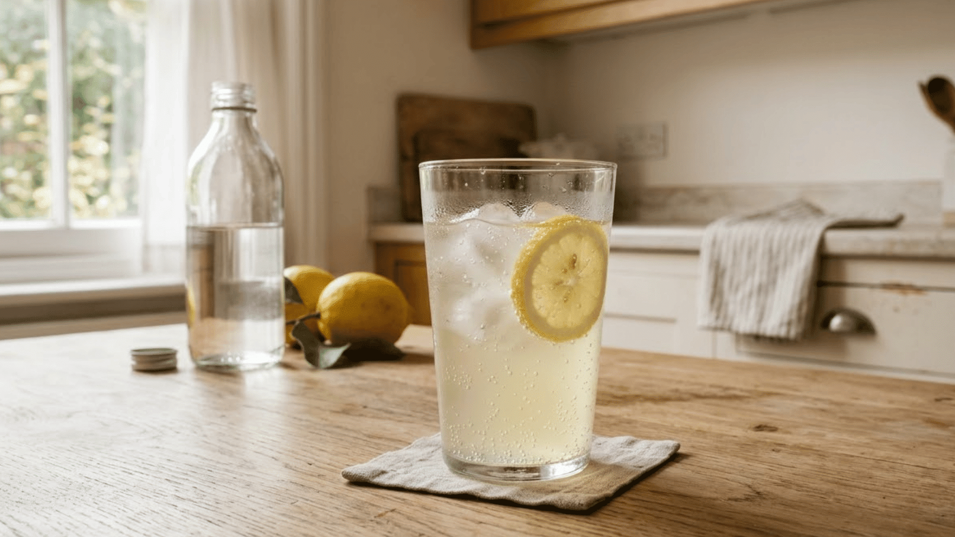 glass of sparkling lemonade with ice lemon slices and rising bubbles in a softly lit homely kitchen