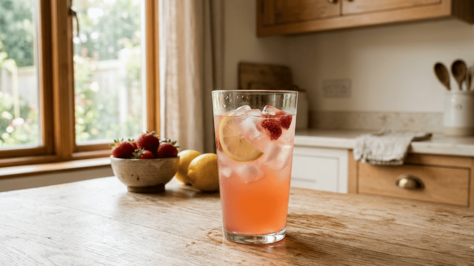 glass of strawberry lemonade with ice lemon slices and fresh berries on a table in a homely kitchen