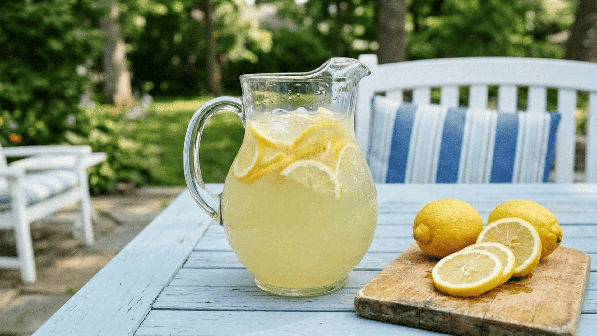 glass pitcher of homemade lemonade with lemon slices on a light blue outdoor table with fresh lemons nearby