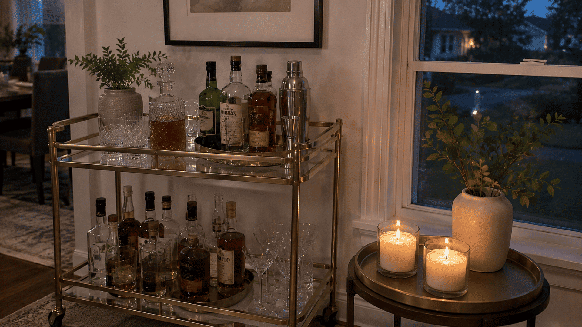 Gold bar cart at dusk with whiskey bottles, decanter, glasses, and lit candles glowing on a side table
