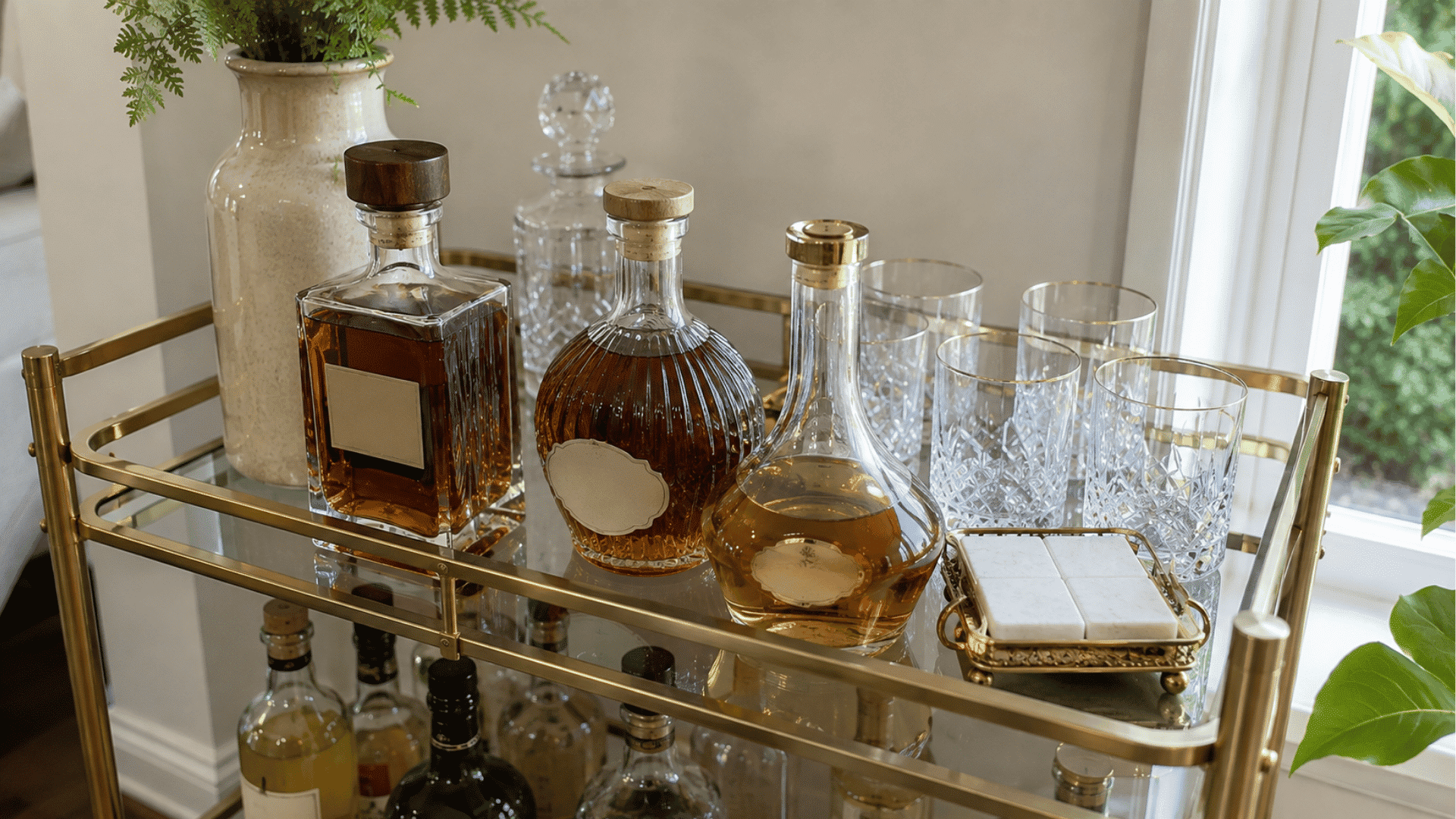 Gold bar cart displaying labeled crystal decanters filled with amber spirits, tall glasses, and marble coasters