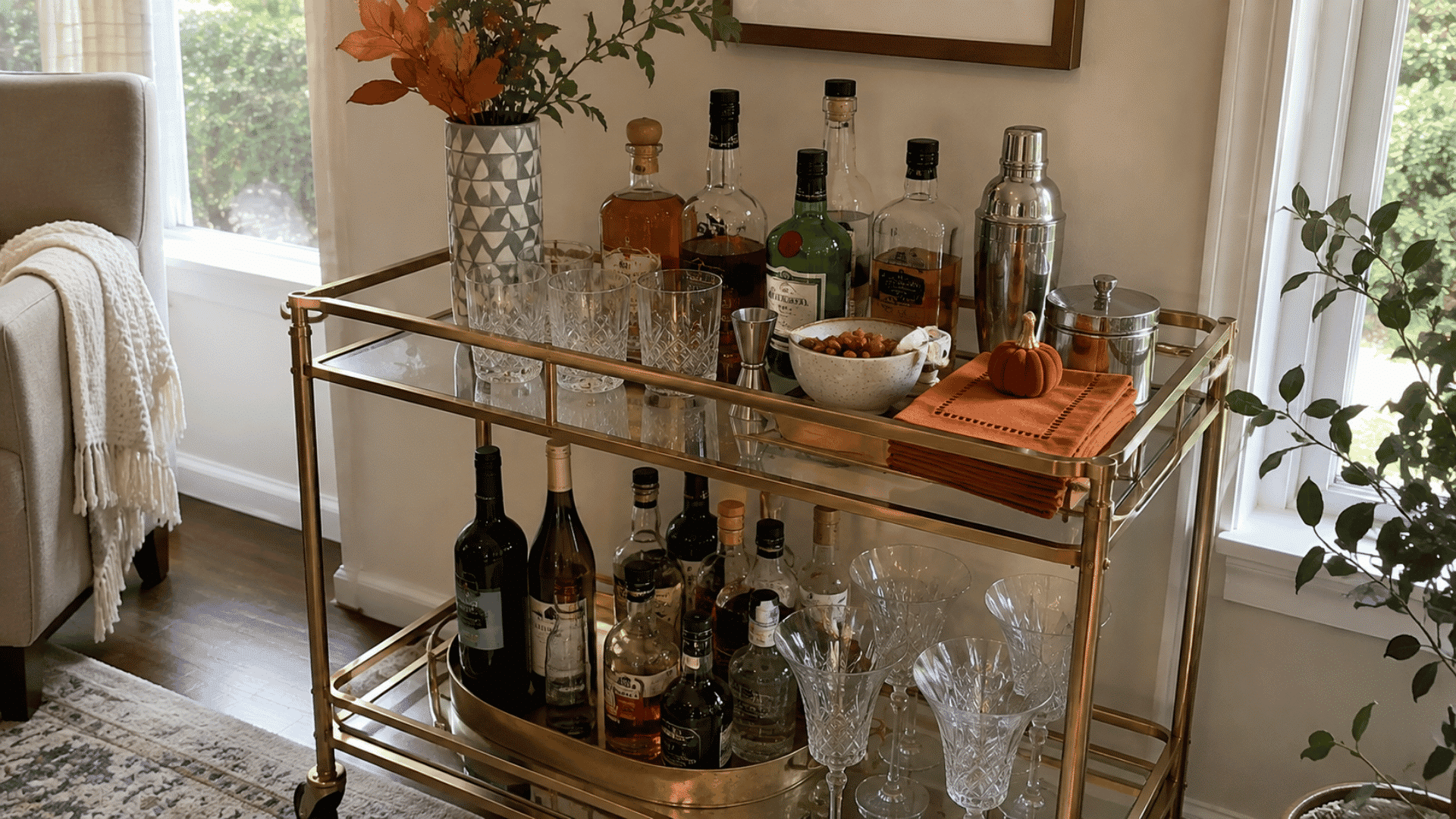 Gold bar cart styled for fall with orange napkins, a mini pumpkin, autumn branches, and whiskey bottles