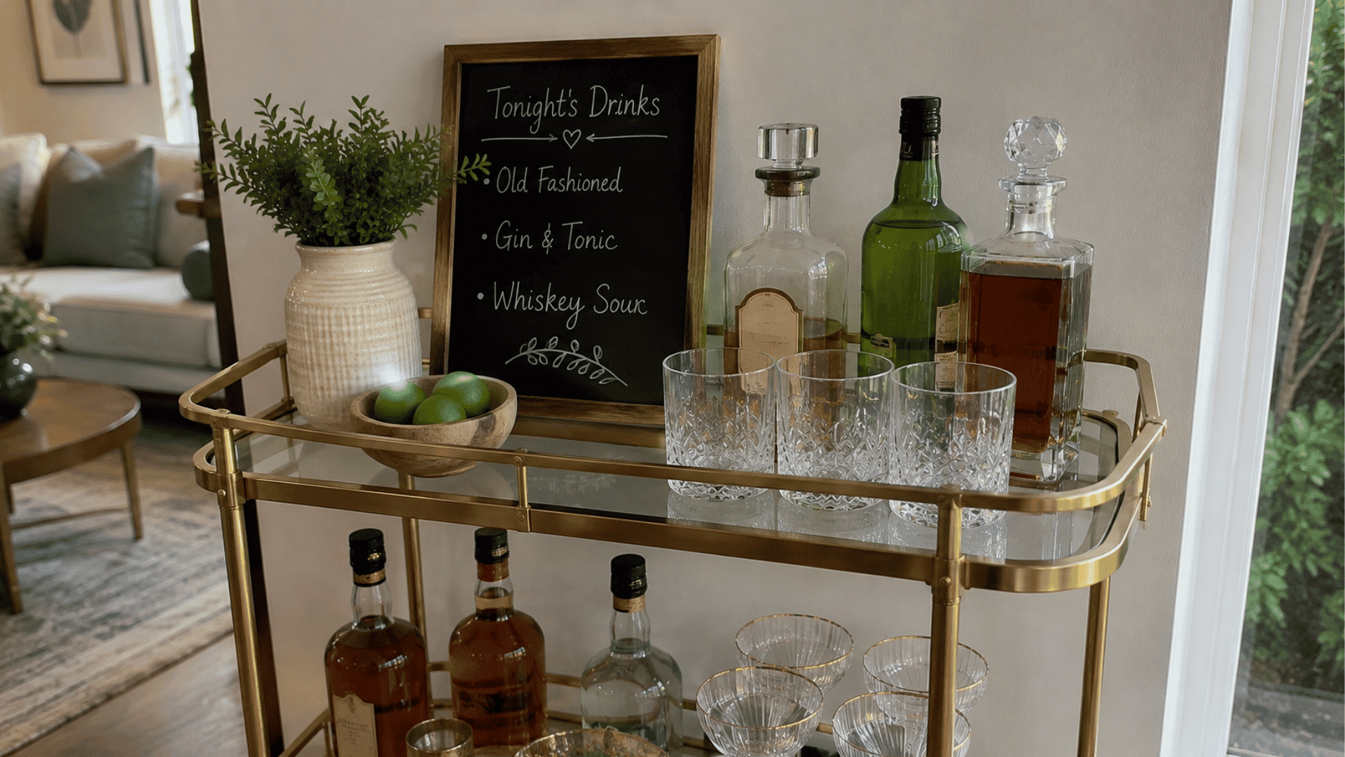 Gold bar cart with a chalkboard menu sign listing cocktails, plus decanters, glasses, limes, and a plant