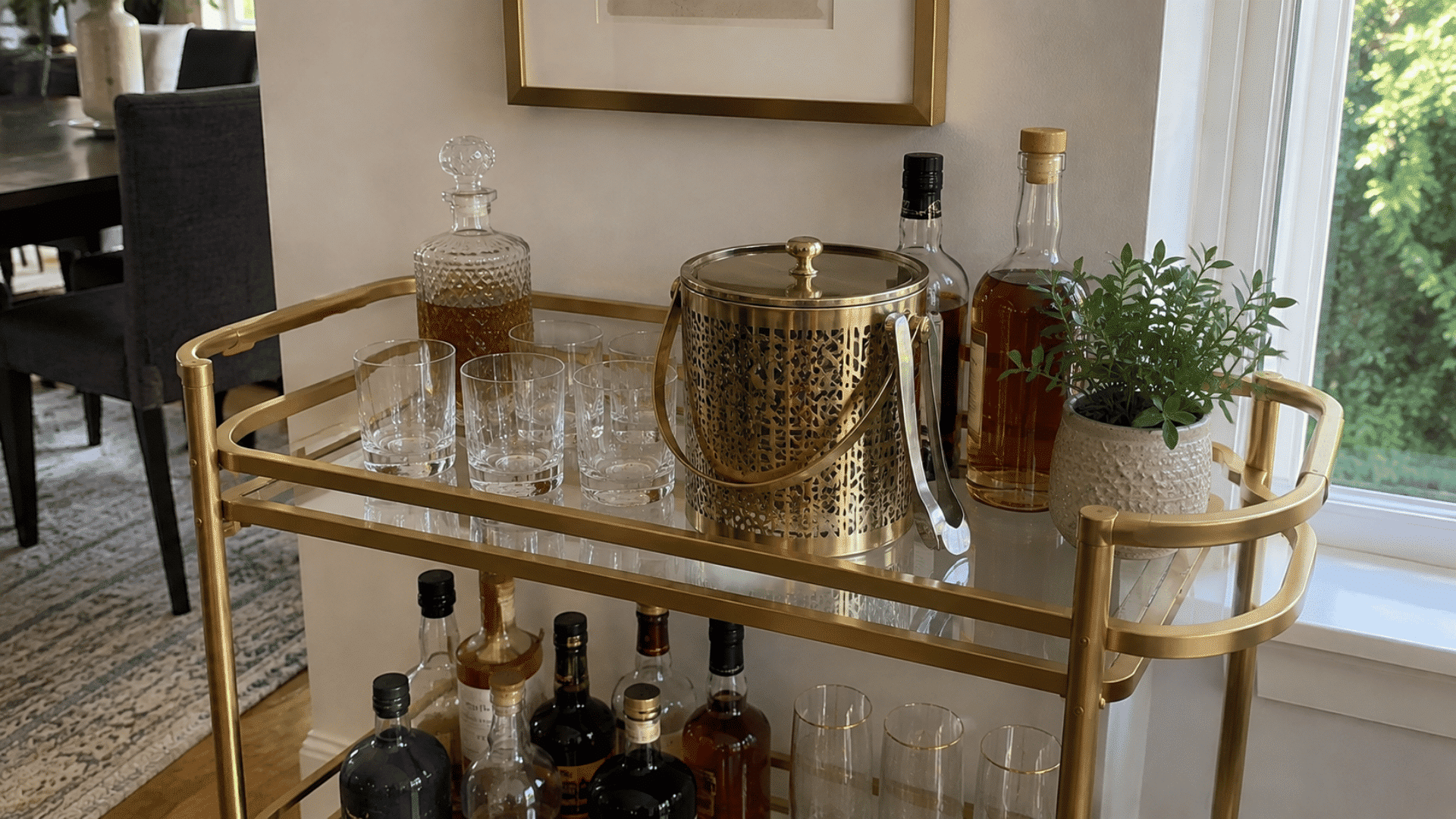 Gold bar cart with a decorative brass ice bucket, tongs, whiskey decanter, rocks glasses, and a small plant