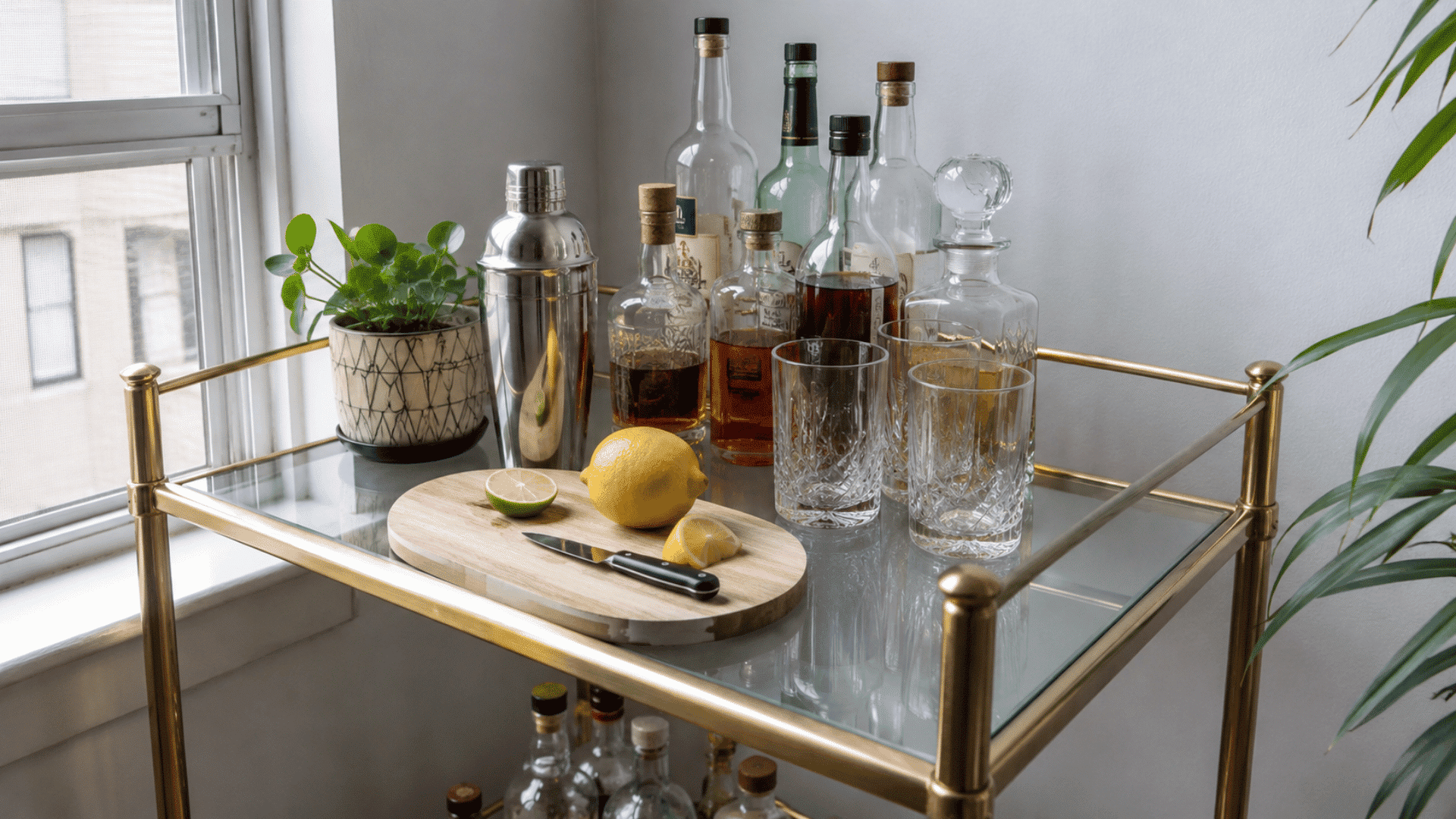 Gold bar cart with a small cutting board, sliced citrus, cocktail shaker, whiskey bottles, and crystal glasses