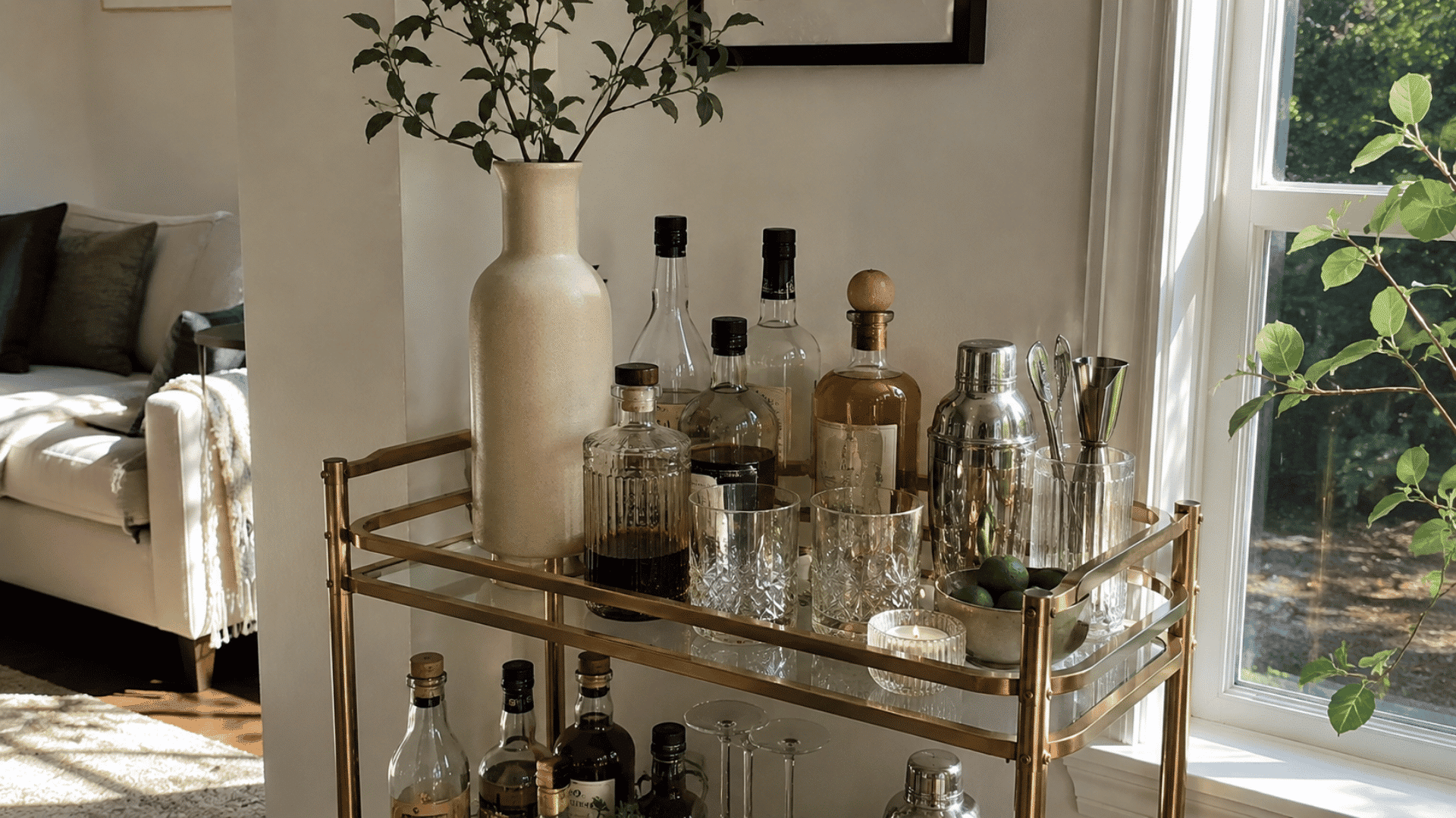 Gold bar cart with a tall vase of branches, whiskey bottles, cocktail shaker, glasses, and a bowl of limes