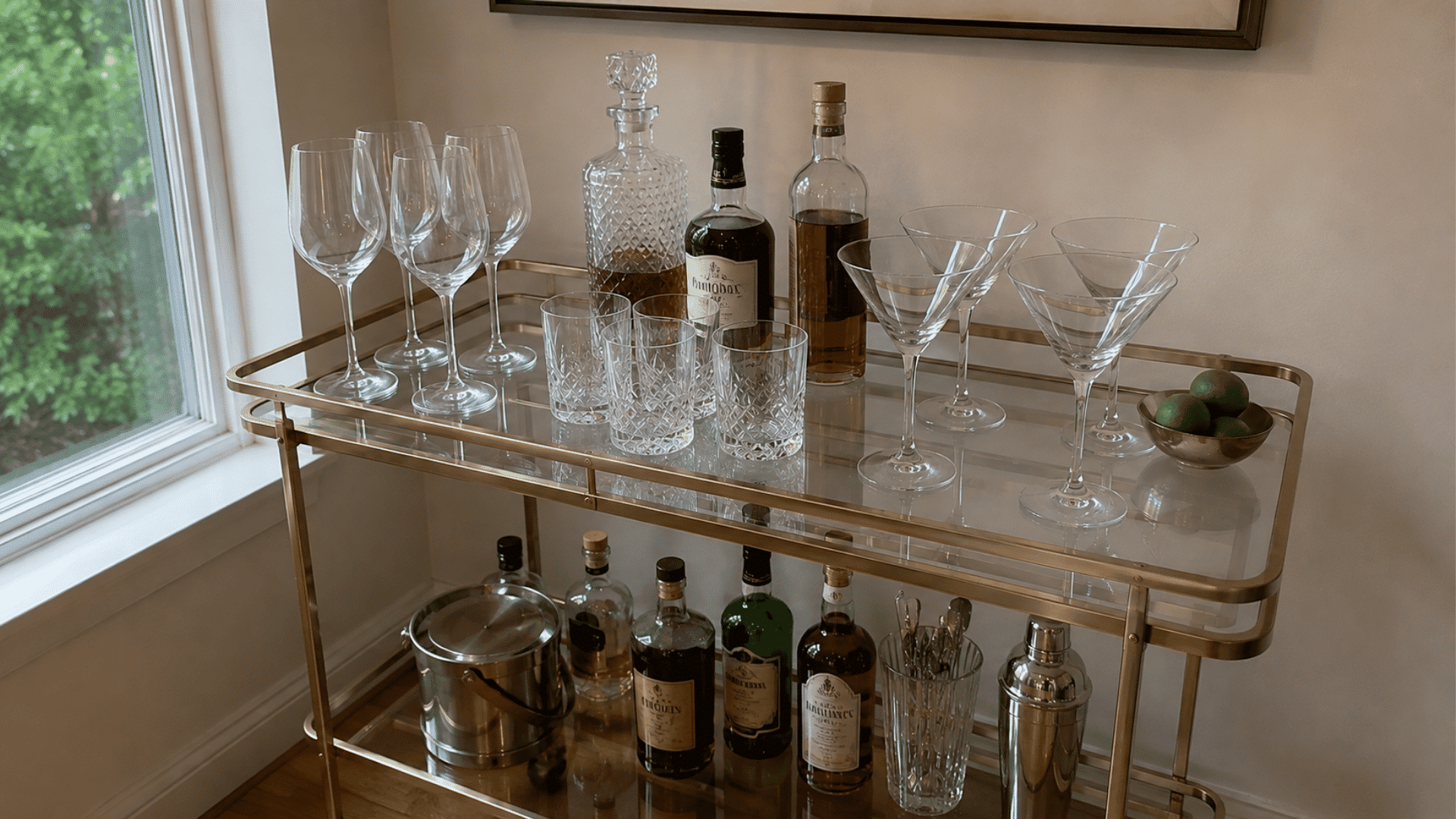 Gold bar cart with wine glasses, martini glasses, rocks glasses, a decanter, whiskey bottles, and limes