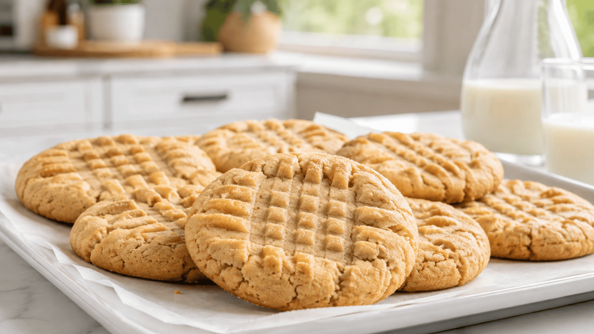 golden peanut butter cookies with fork marks on parchment beside a glass of milk in a bright kitchen
