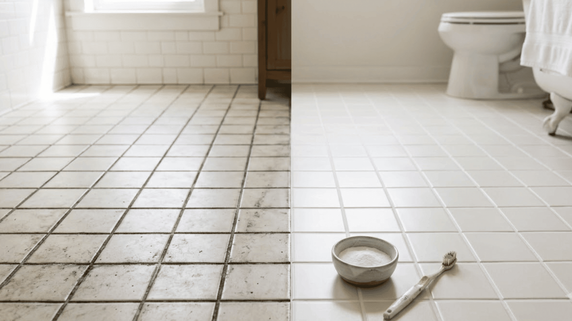 before and after comparison of grout cleaned using a diy baking soda cleaner