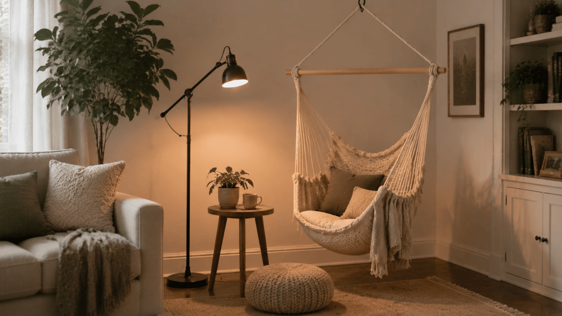 hammock chair reading spot with hanging chair, books, floor lamp, side table, and cozy home corner