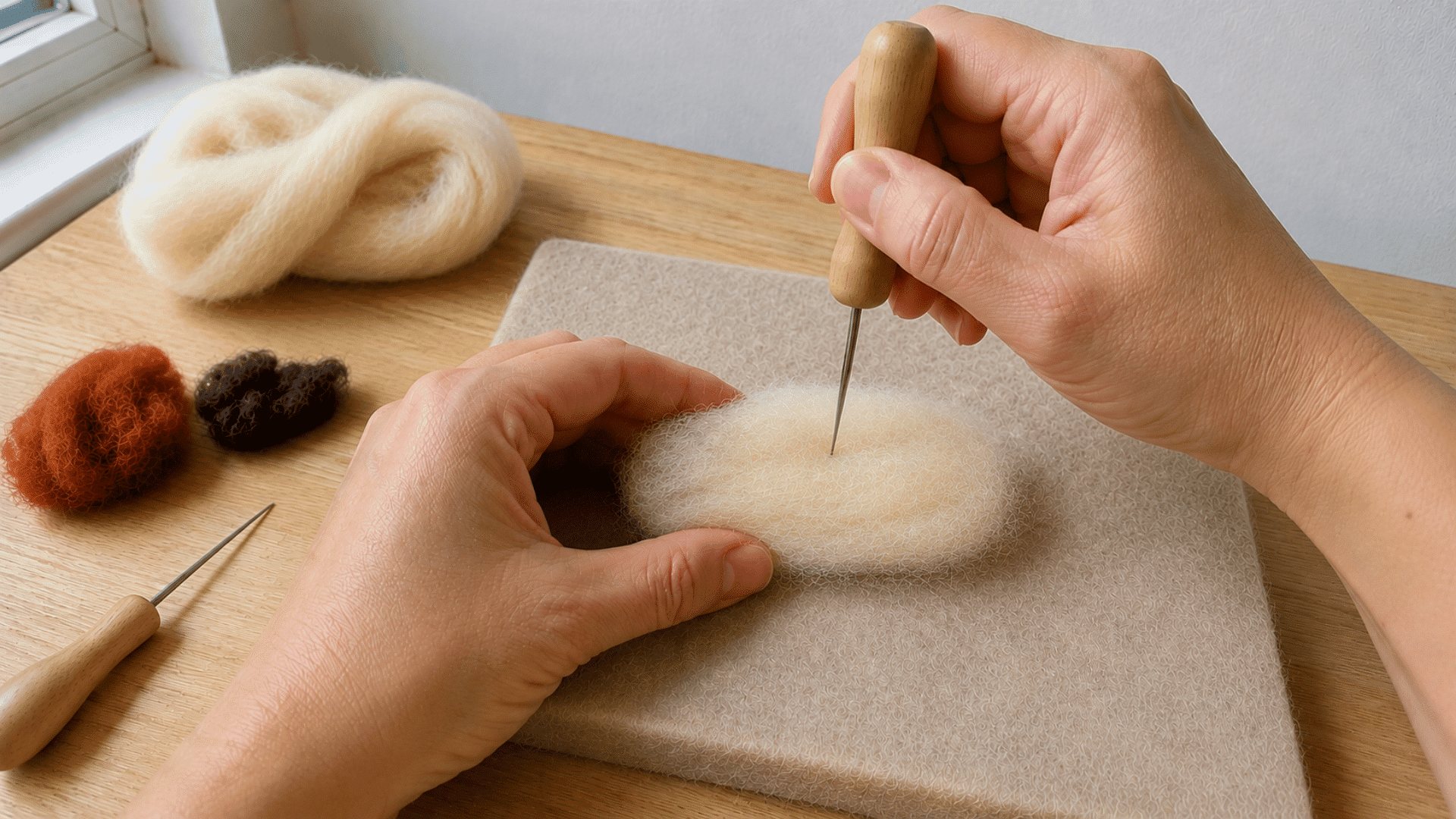 Hand poking a felting needle straight into a wool shape on a felting mat