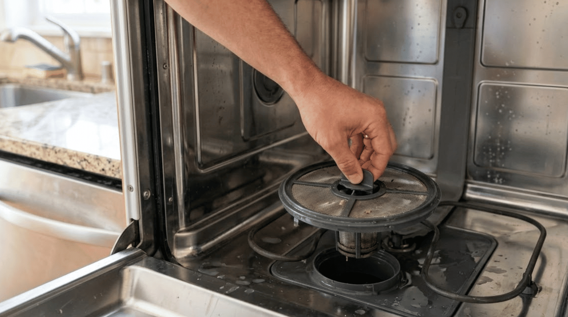 hand removing the round filter from the bottom of an open stainless steel dishwasher