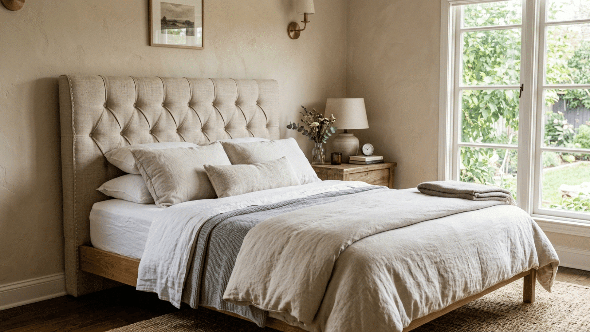 handmade upholstered headboard leaning against a wall behind a small guest bedroom bed