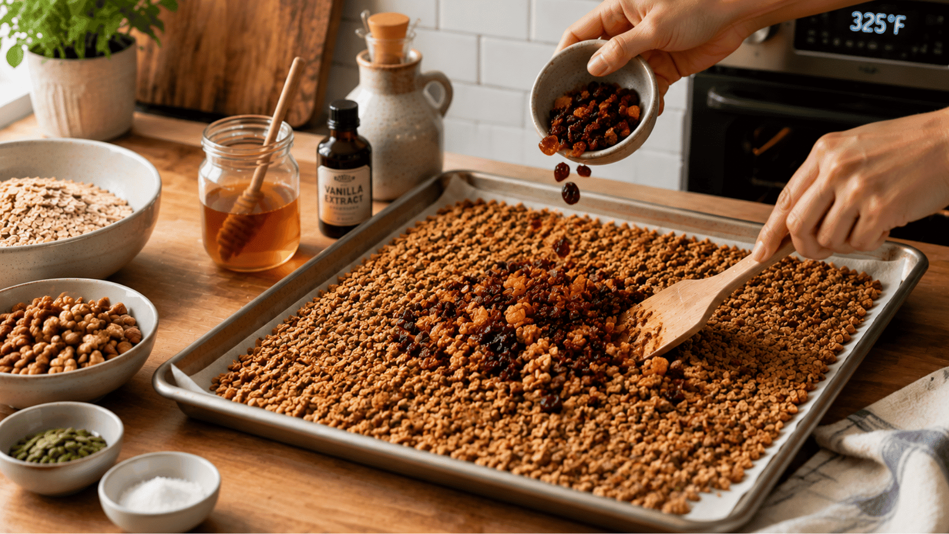 hands adding dried fruit to cooled <echighlighted><echighlighted><echighlighted><echighlighted><echighlighted><echighlighted><echighlighted><echighlighted><echighlighted><echighlighted>homemade granola</echighlighted></echighlighted></echighlighted></echighlighted></echighlighted></echighlighted></echighlighted></echighlighted></echighlighted></echighlighted> on a baking sheet