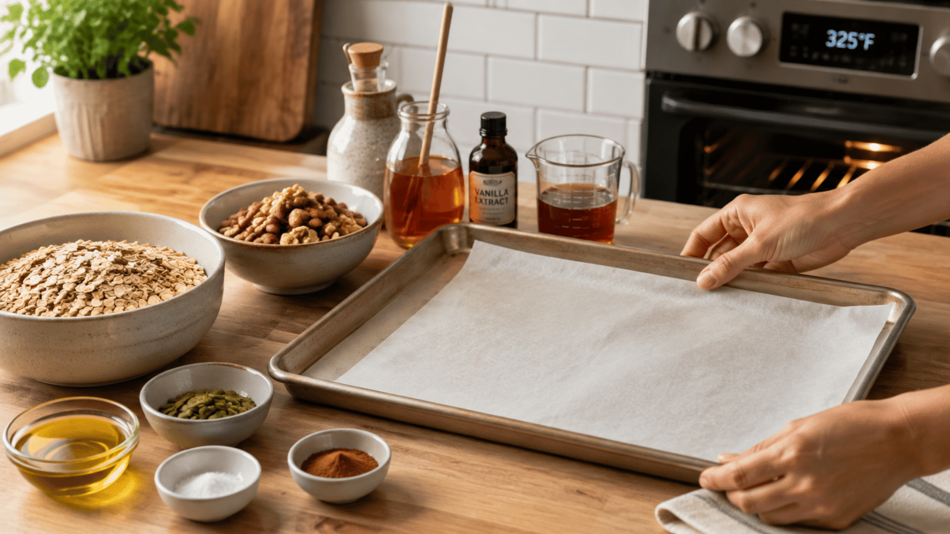 hands lining a rimmed baking sheet with parchment beside <echighlighted><echighlighted><echighlighted><echighlighted><echighlighted><echighlighted><echighlighted><echighlighted><echighlighted><echighlighted>homemade granola</echighlighted></echighlighted></echighlighted></echighlighted></echighlighted></echighlighted></echighlighted></echighlighted></echighlighted></echighlighted> ingredients in a bright kitchen