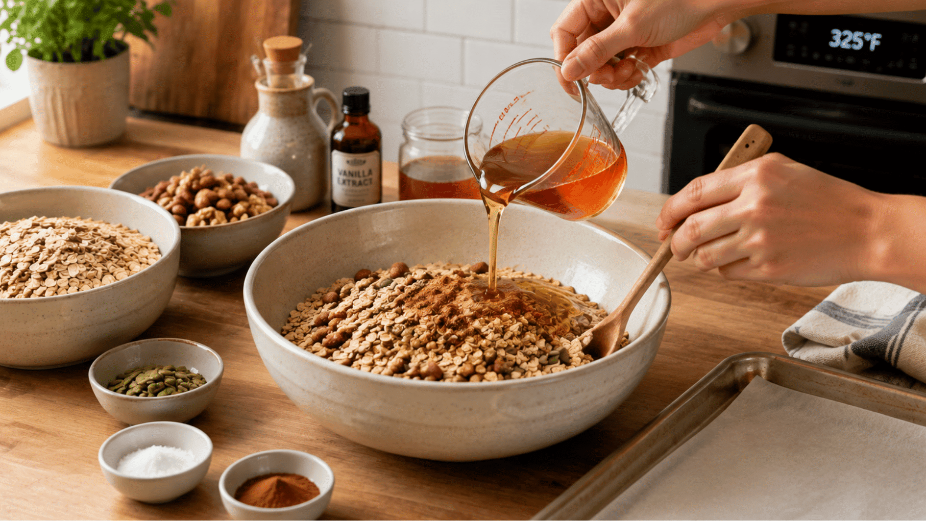 hands mixing <echighlighted><echighlighted><echighlighted><echighlighted><echighlighted><echighlighted><echighlighted><echighlighted><echighlighted><echighlighted>homemade granola</echighlighted></echighlighted></echighlighted></echighlighted></echighlighted></echighlighted></echighlighted></echighlighted></echighlighted></echighlighted> ingredients until the oats are evenly coated
