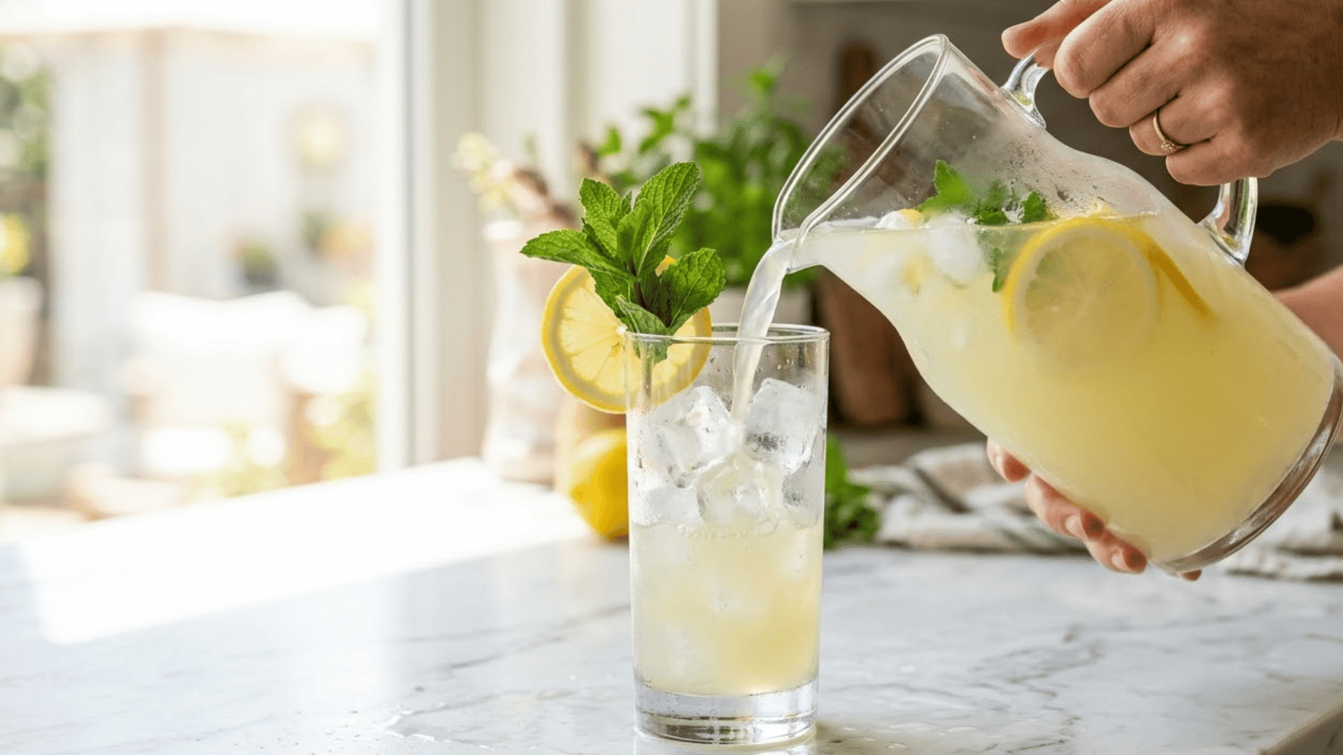 hands pouring homemade lemonade from a pitcher into a glass with ice and lemon garnish