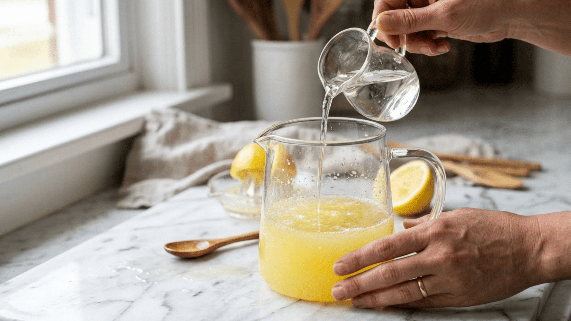 hands pouring simple syrup into fresh lemon juice in a glass pitcher on a marble counter