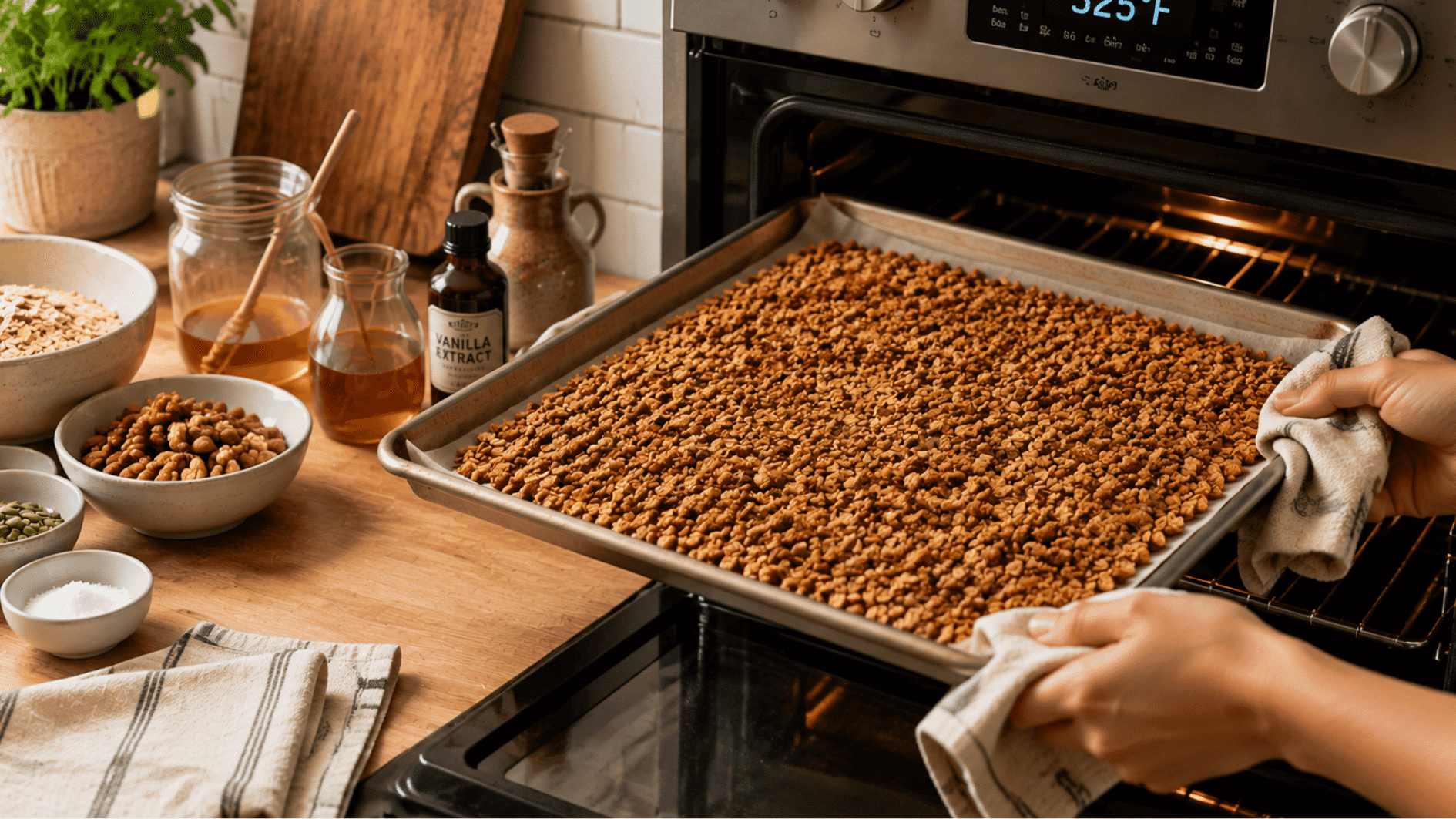 hands rotating a baking sheet of lightly golden <echighlighted><echighlighted><echighlighted><echighlighted><echighlighted><echighlighted><echighlighted><echighlighted><echighlighted><echighlighted>homemade granola</echighlighted></echighlighted></echighlighted></echighlighted></echighlighted></echighlighted></echighlighted></echighlighted></echighlighted></echighlighted> during baking