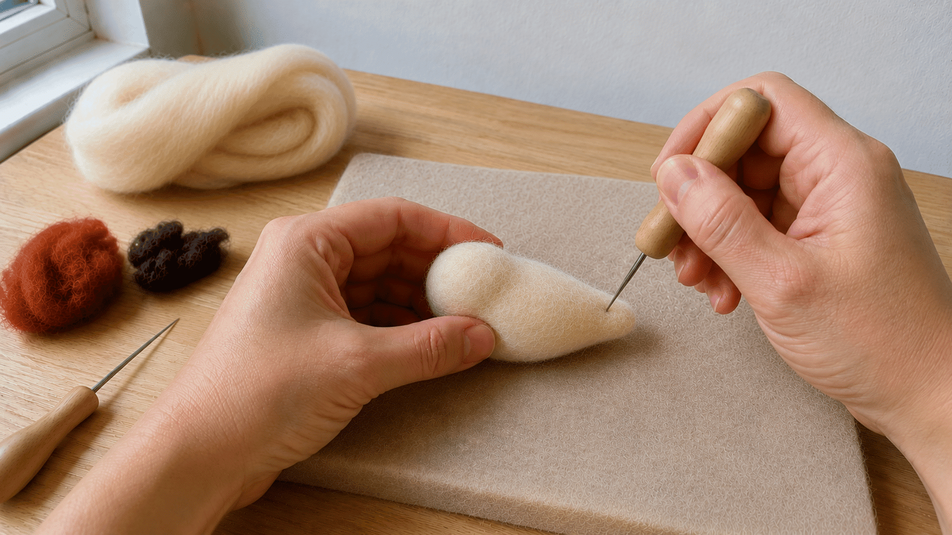 Hands shaping and firming a teardrop-shaped wool piece with a felting needle