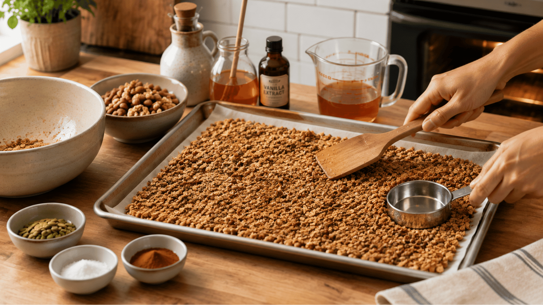 hands spreading <echighlighted><echighlighted><echighlighted><echighlighted><echighlighted><echighlighted><echighlighted><echighlighted><echighlighted><echighlighted>homemade granola</echighlighted></echighlighted></echighlighted></echighlighted></echighlighted></echighlighted></echighlighted></echighlighted></echighlighted></echighlighted> mixture evenly on a parchment-lined baking sheet
