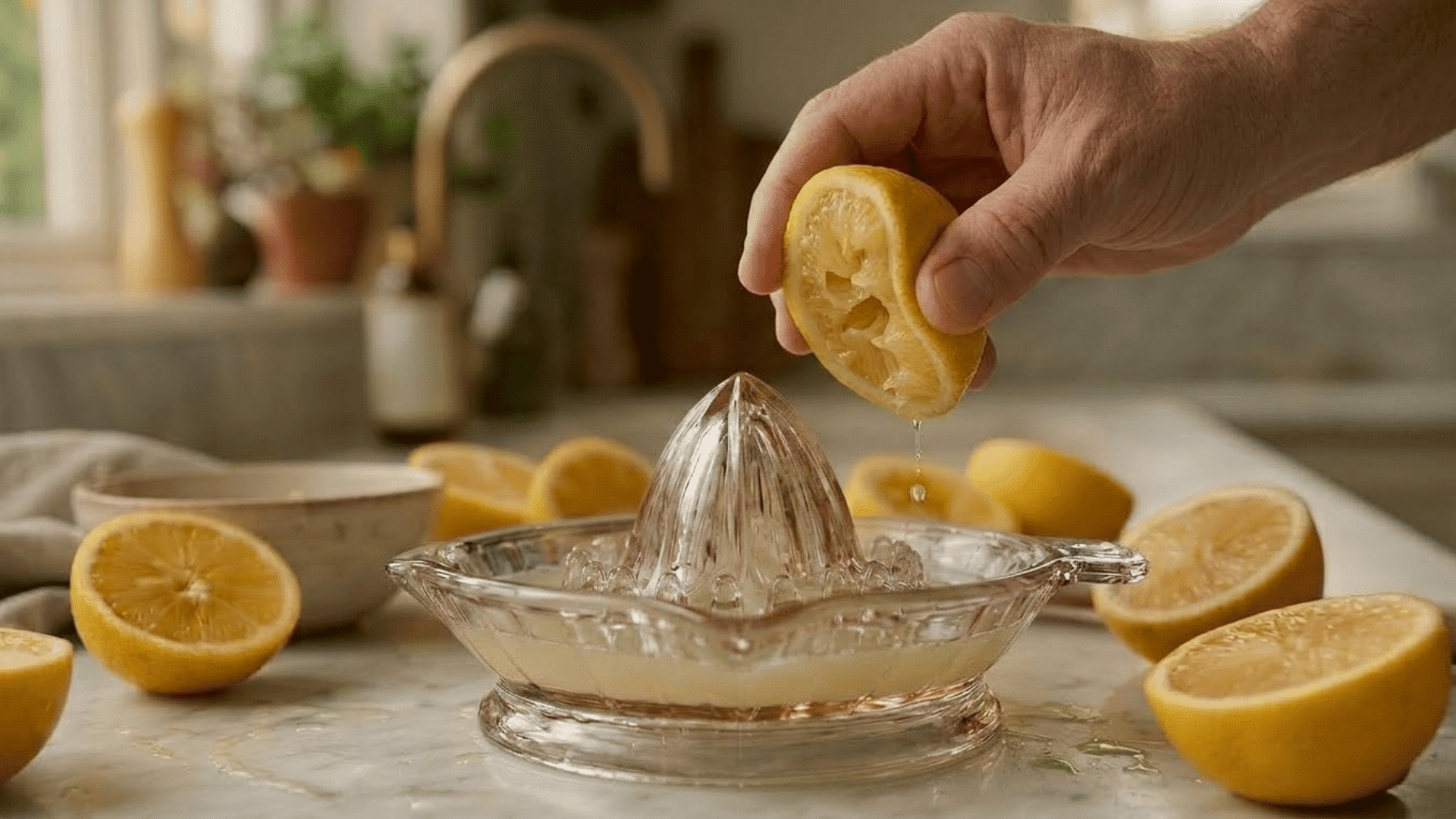 hands squeezing a fresh lemon over a glass juicer surrounded by halved lemons on a counter