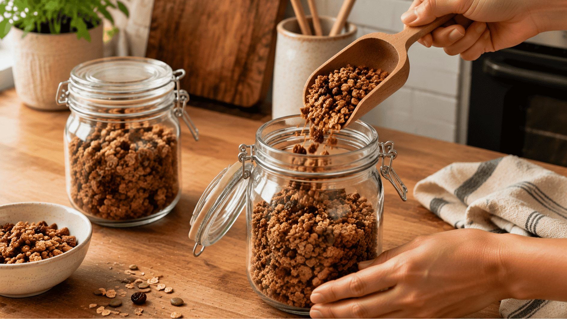 hands transferring cooled <echighlighted><echighlighted><echighlighted><echighlighted><echighlighted><echighlighted><echighlighted><echighlighted><echighlighted><echighlighted>homemade granola</echighlighted></echighlighted></echighlighted></echighlighted></echighlighted></echighlighted></echighlighted></echighlighted></echighlighted></echighlighted> into a glass airtight storage jar