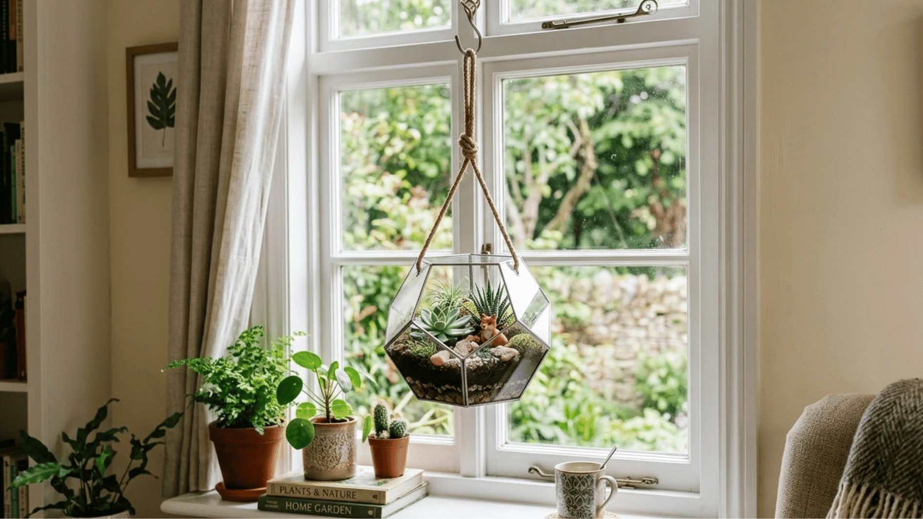 small glass terrarium with a plant hanging near a sunlit window