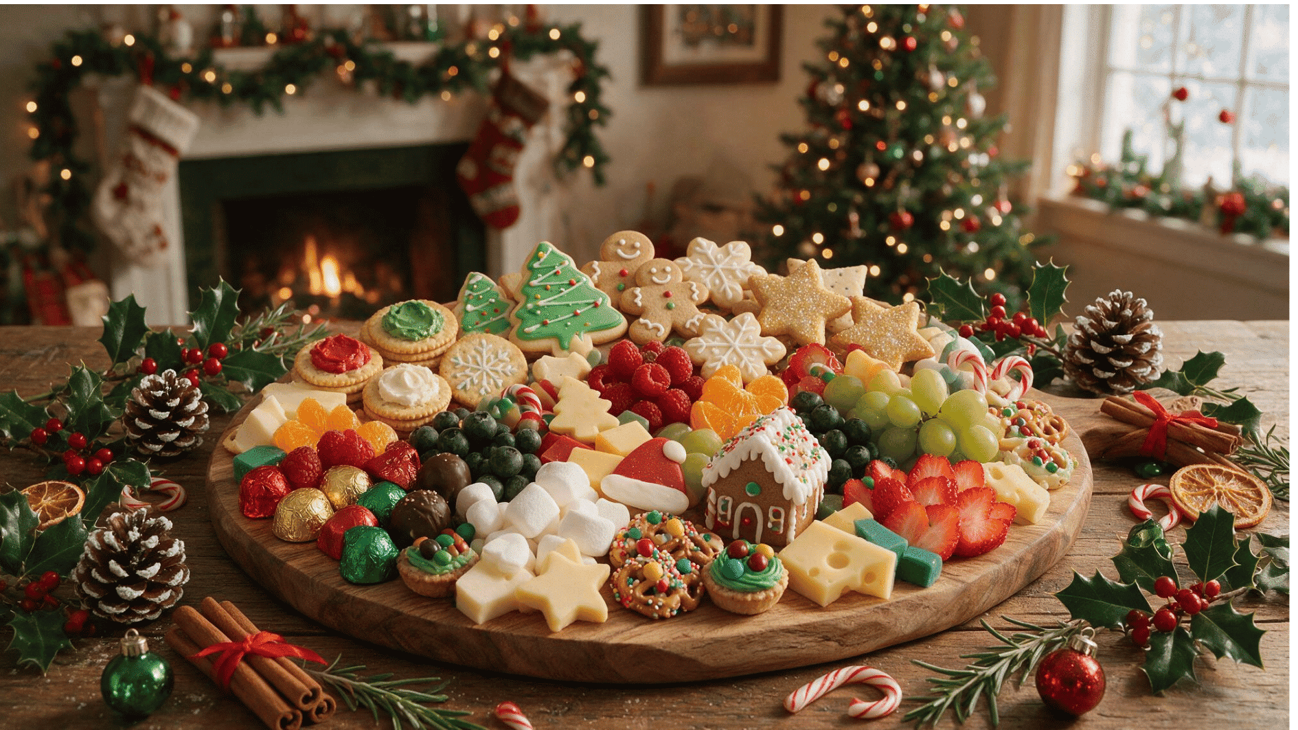 holiday kids charcuterie board with seasonal cookies fruits cheese and festive treats